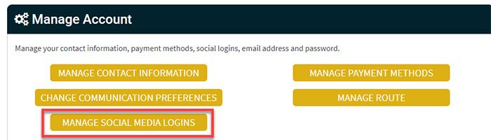 LaundryRx Manage Account screen showing Manage Social Media Logins